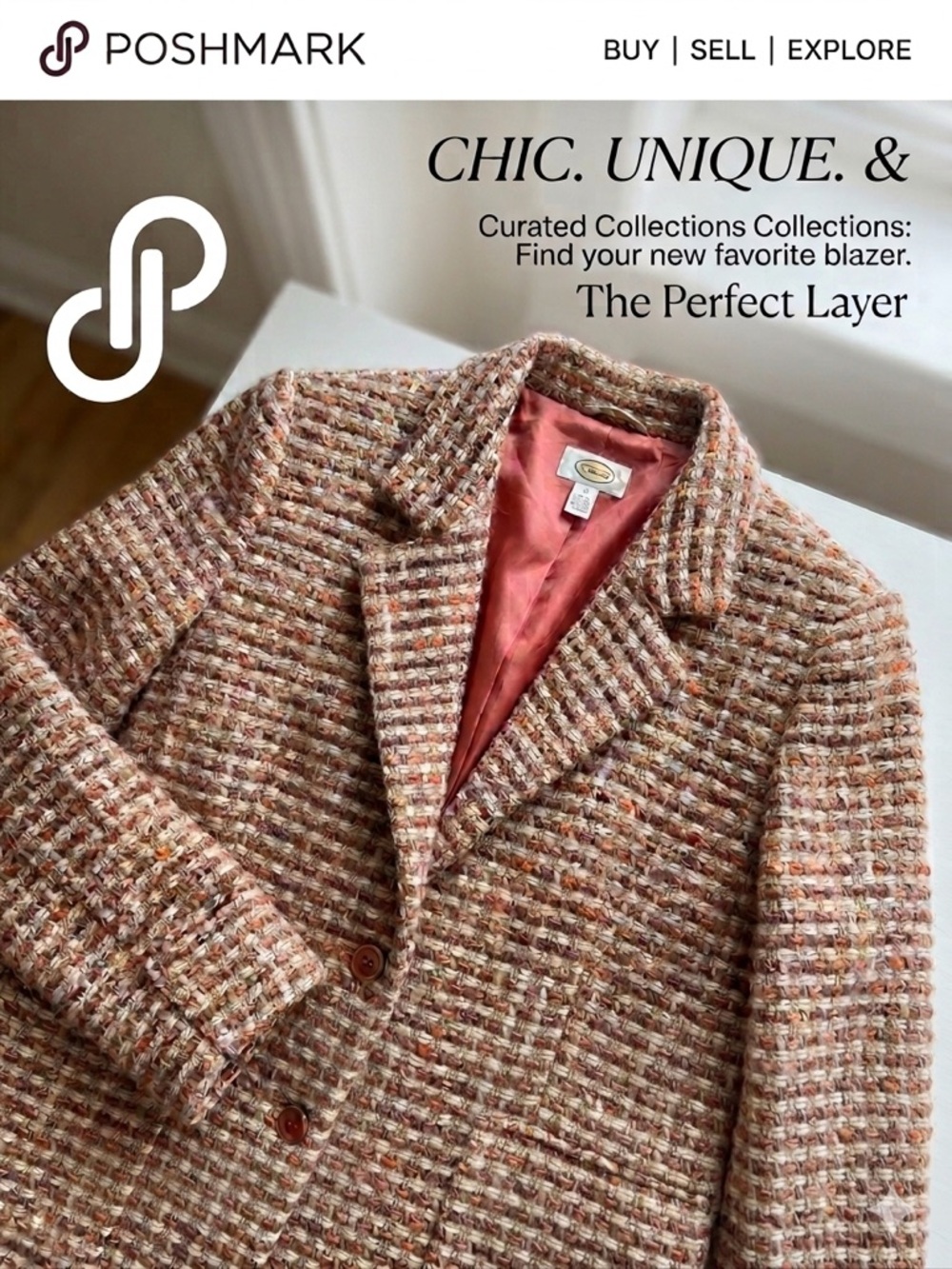 Talbots Peach & Cream Tweed Blazer with Coral Lining